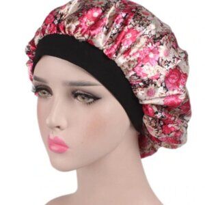 Red Floral Print Satin Silky Hair Bonnet with Elastic Band (Never W…